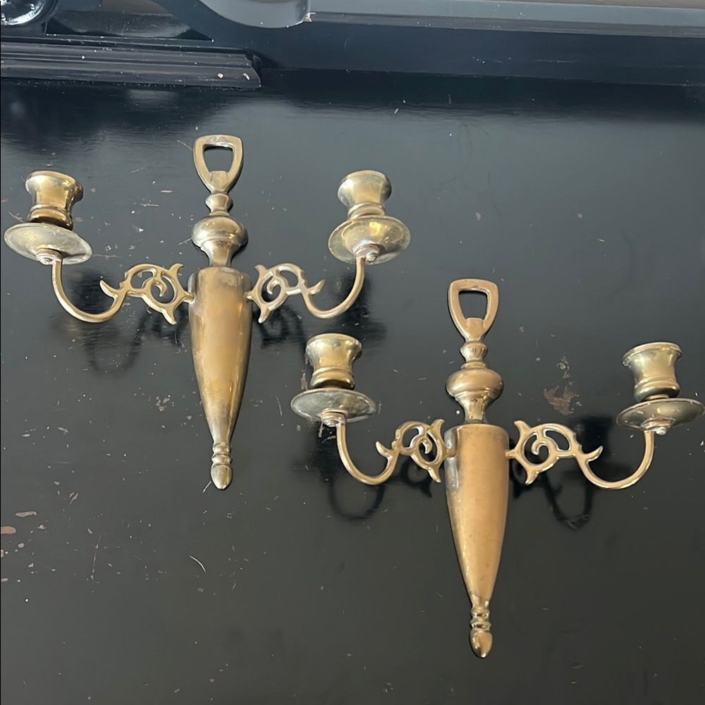 2x Brass Candlestick Sconces Vintage 2 Arm Pair